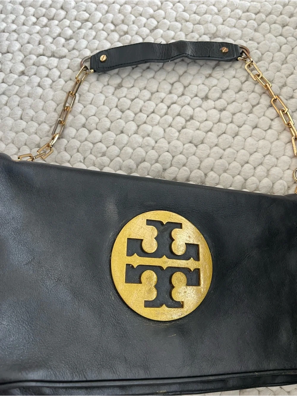 Tory Burch Black Leather Shoulder Bag with Gold Logo Medallion